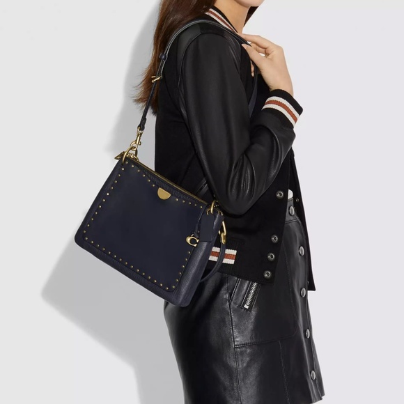 COACH Leather Dreamer Shoulder Bag With Brass Rivets - Navy & Gold - Picture 5 of 16